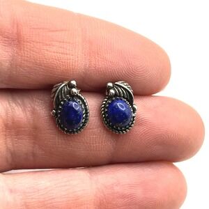 NK Sterling Silver Lapis Lazuli Stud Earrings Southwestern Leaf Design 925